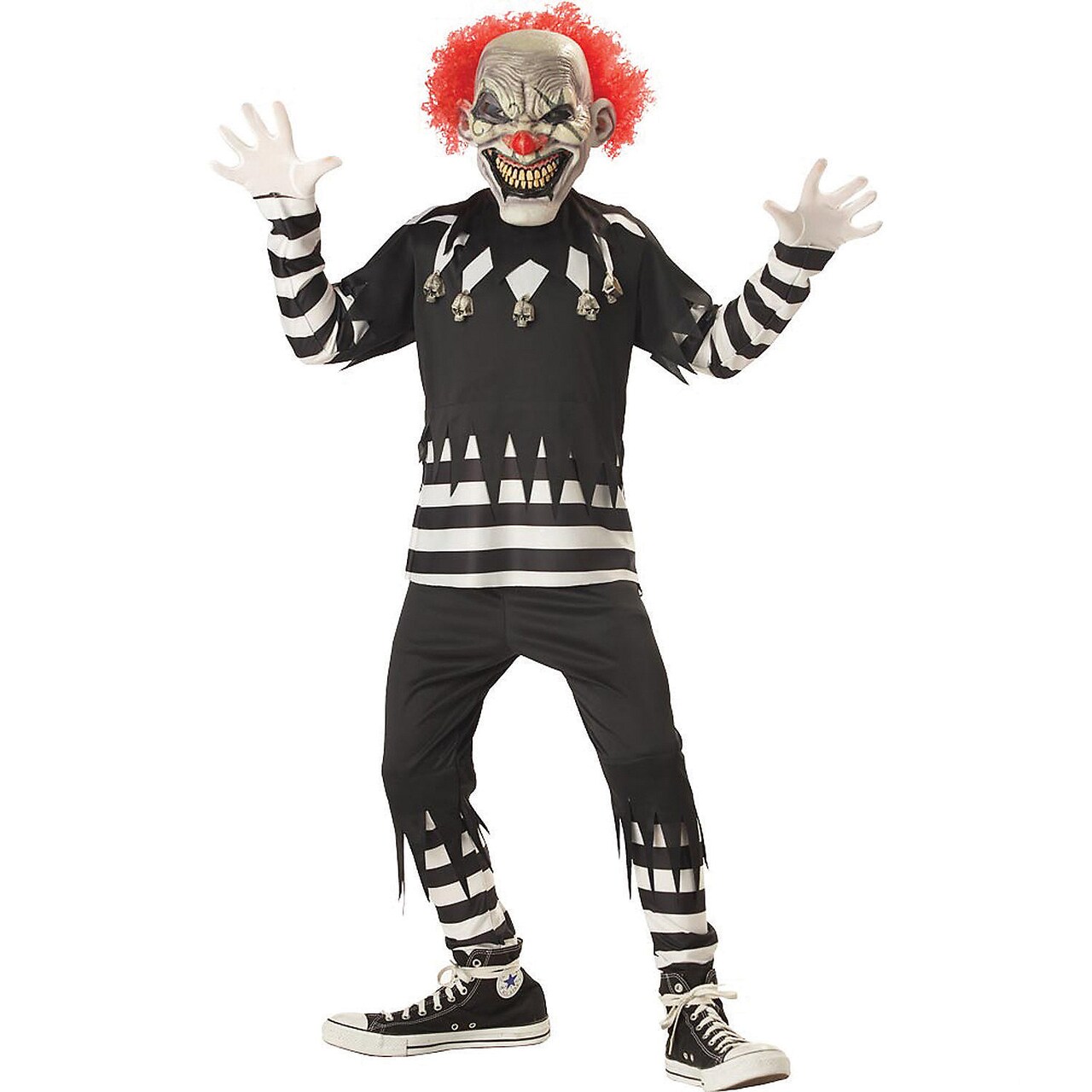 Creepy Clown Child Costume with Glow-in-the-Dark Mask, Black and White Outfit